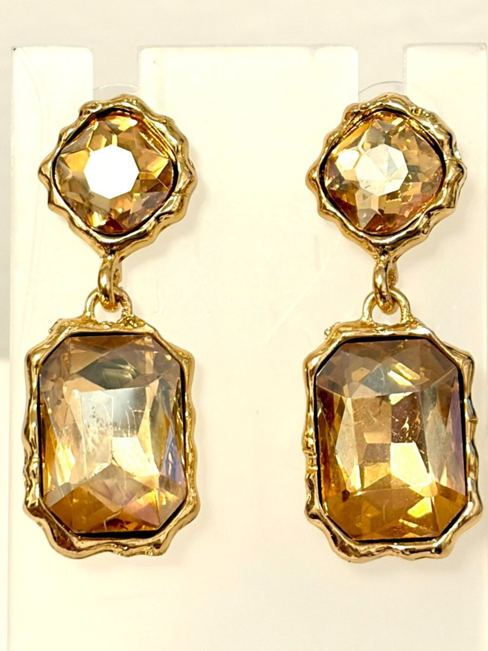 Champagne Crystal Gold Tone Statement Drop Earrings 1.25"